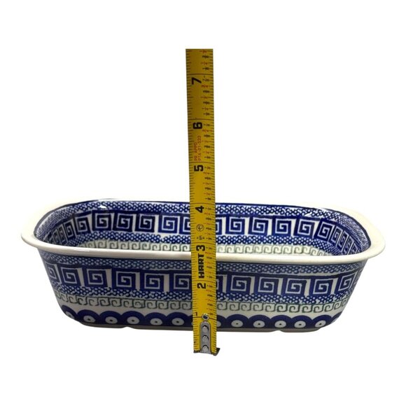 Boleslawiec Polish Pottery Peacock Baking Dish Loaf Pan Blue Red Dots Signed - Picture 5 of 10